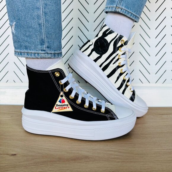 ❤️Rare Converse Chuck Taylor All Star Move Hi Women Shoes Sz 9 Black White Zebra - Picture 1 of 11